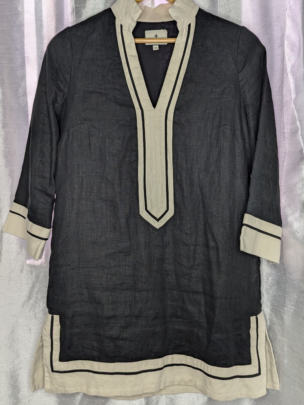 Tuckernuck Women’s Black Linen Kurta Tunic Top Cream Trim Size XS